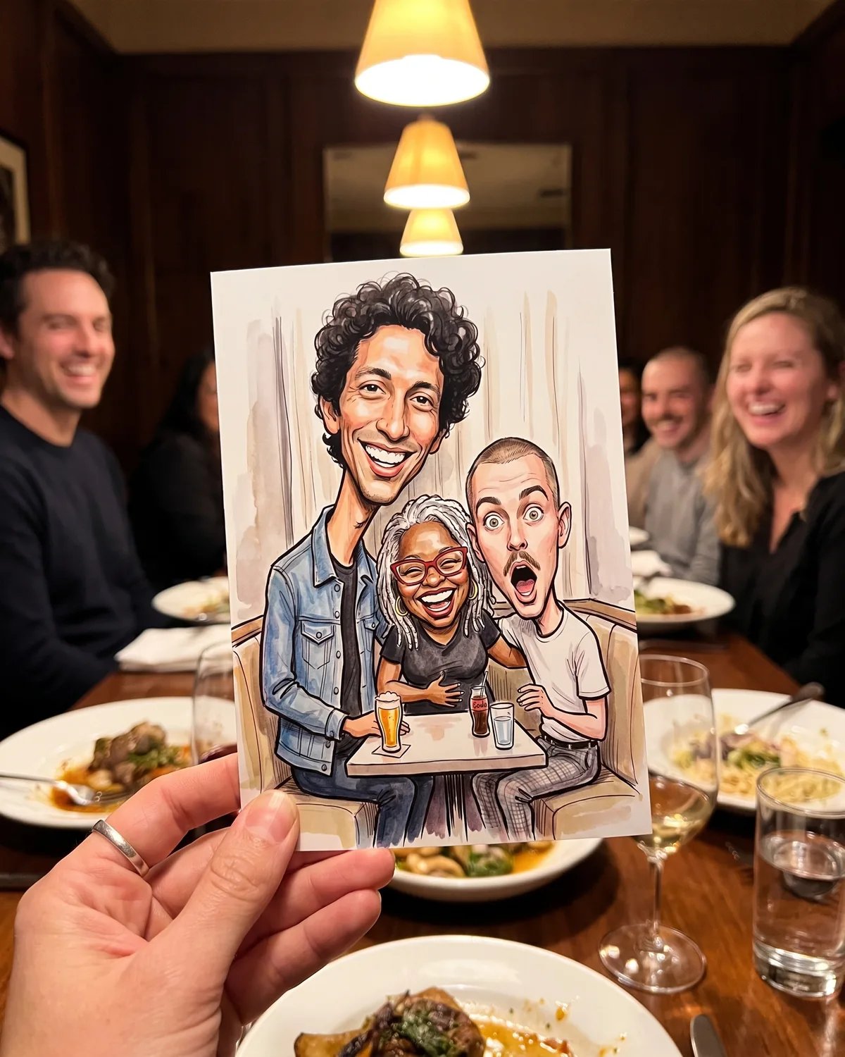 A guest holding a 4x6 print of the team's group caricature at dinner