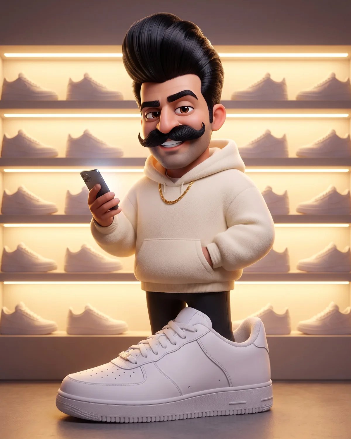 The guest as a 3D animated character with a towering pompadour, standing on a giant white sneaker