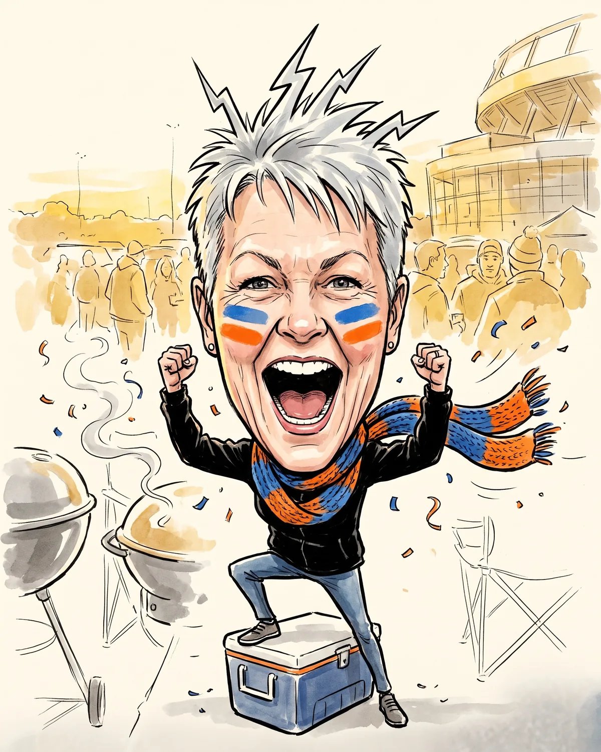 Caricature of the fan cheering on a cooler, silver hair standing straight up and scarf flying