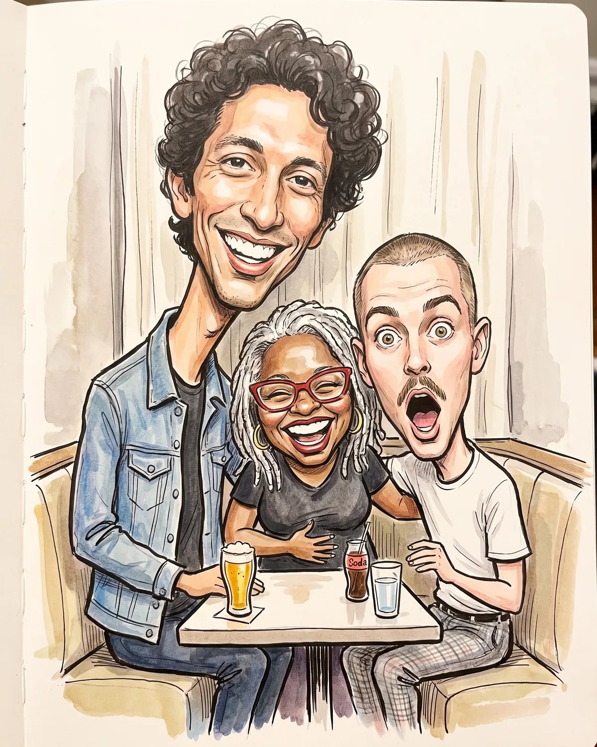Group caricature of the three coworkers in a restaurant booth, one laughing and one shocked