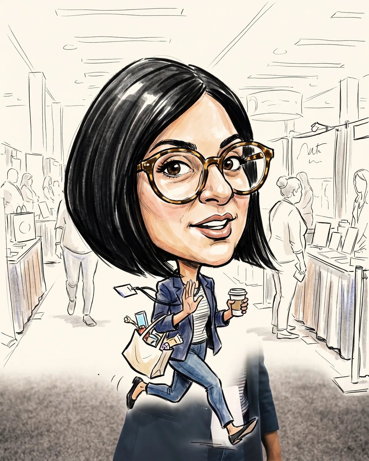 Caricature of the attendee sprinting down an expo aisle with a tote bag full of giveaways