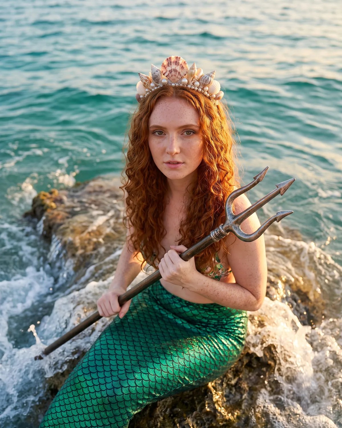 The guest as a mermaid queen with a shell crown and trident on a rock at sea