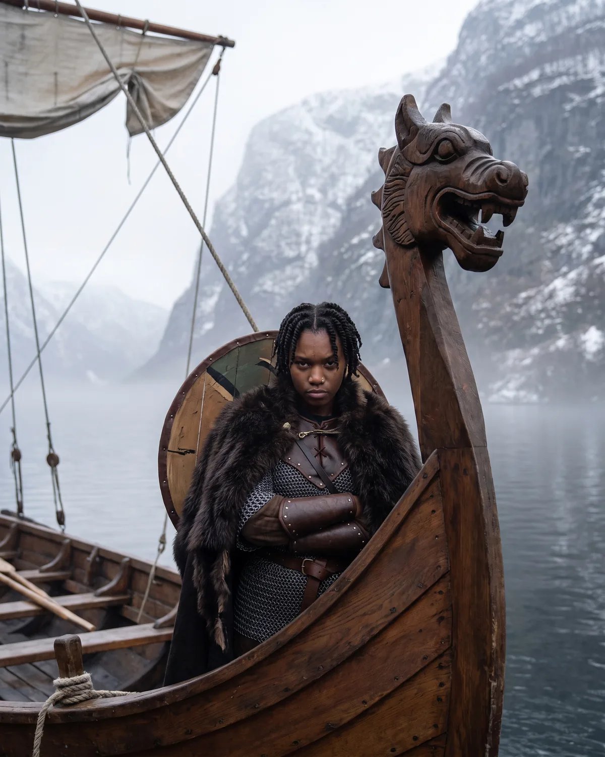 The student as a Viking chief in a fur cloak at the prow of a longship on a fjord