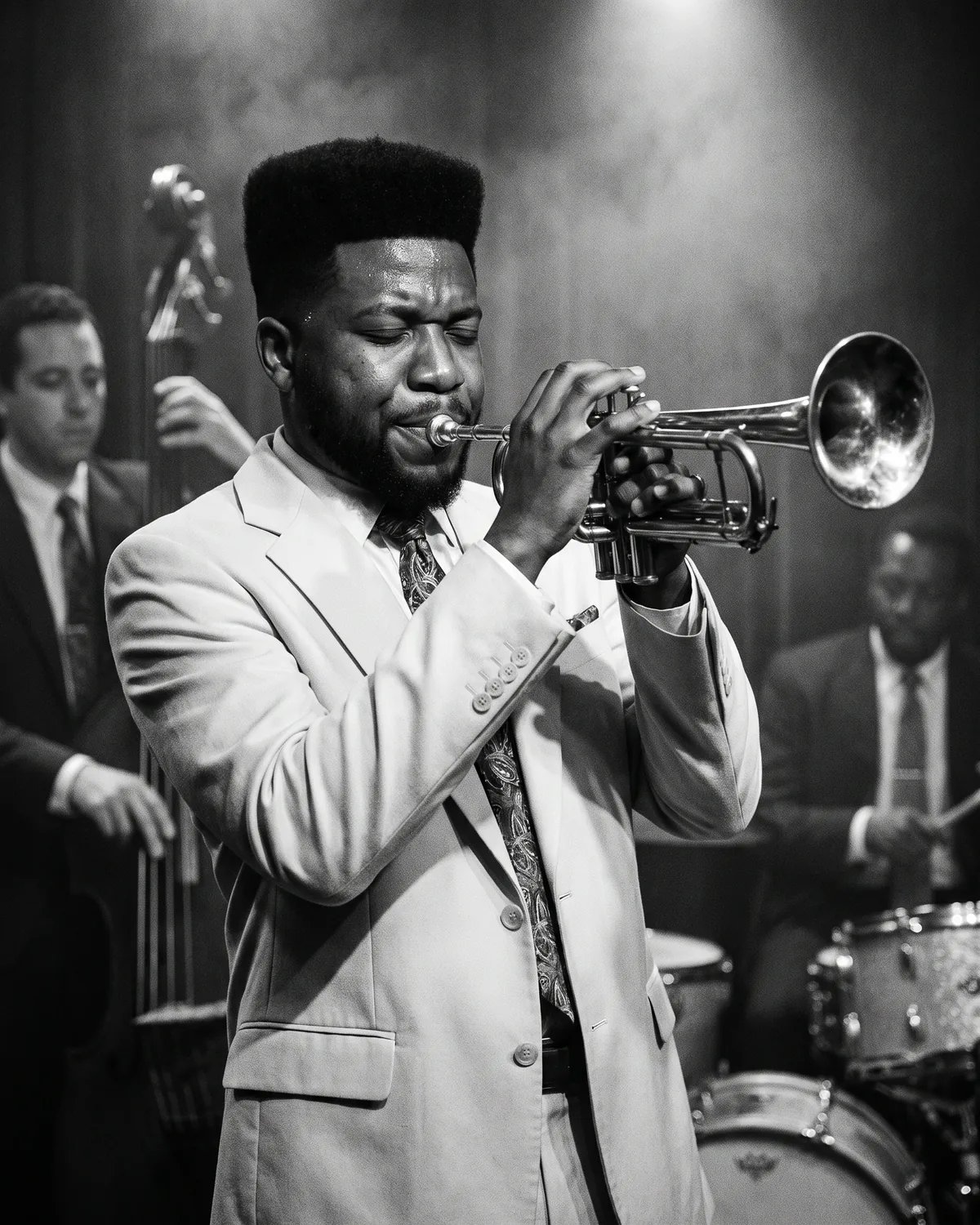 The guest as a jazz trumpeter mid-solo in a 1950s nightclub, in black and white