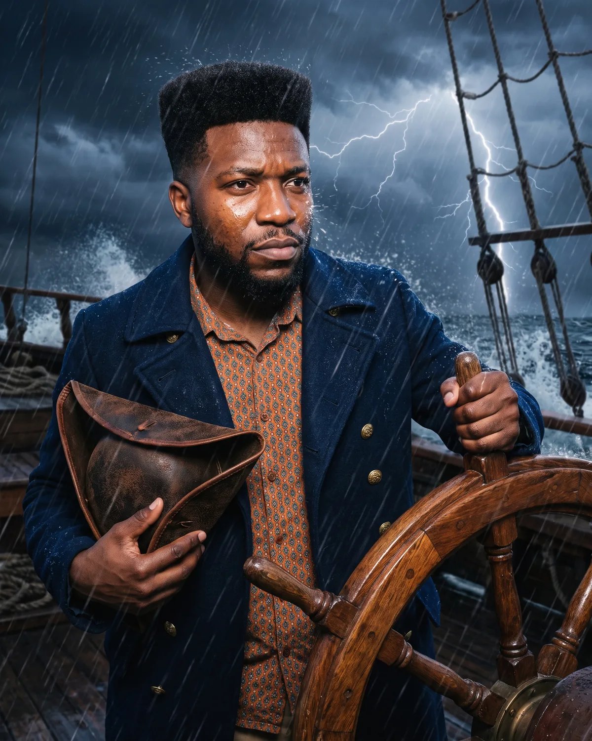 The guest as a pirate captain at the wheel in a storm