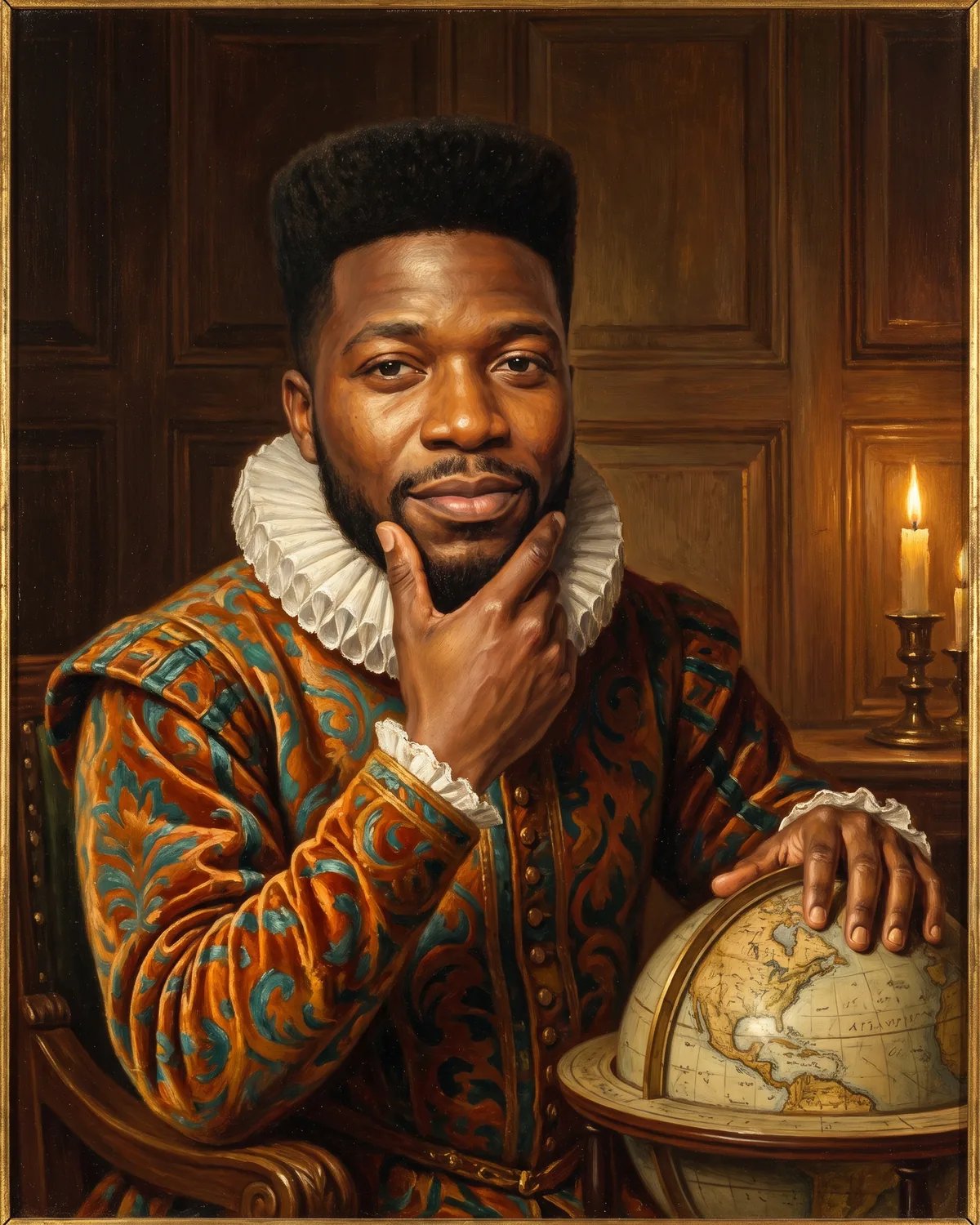 The guest as a Renaissance oil portrait with a ruff collar and a globe