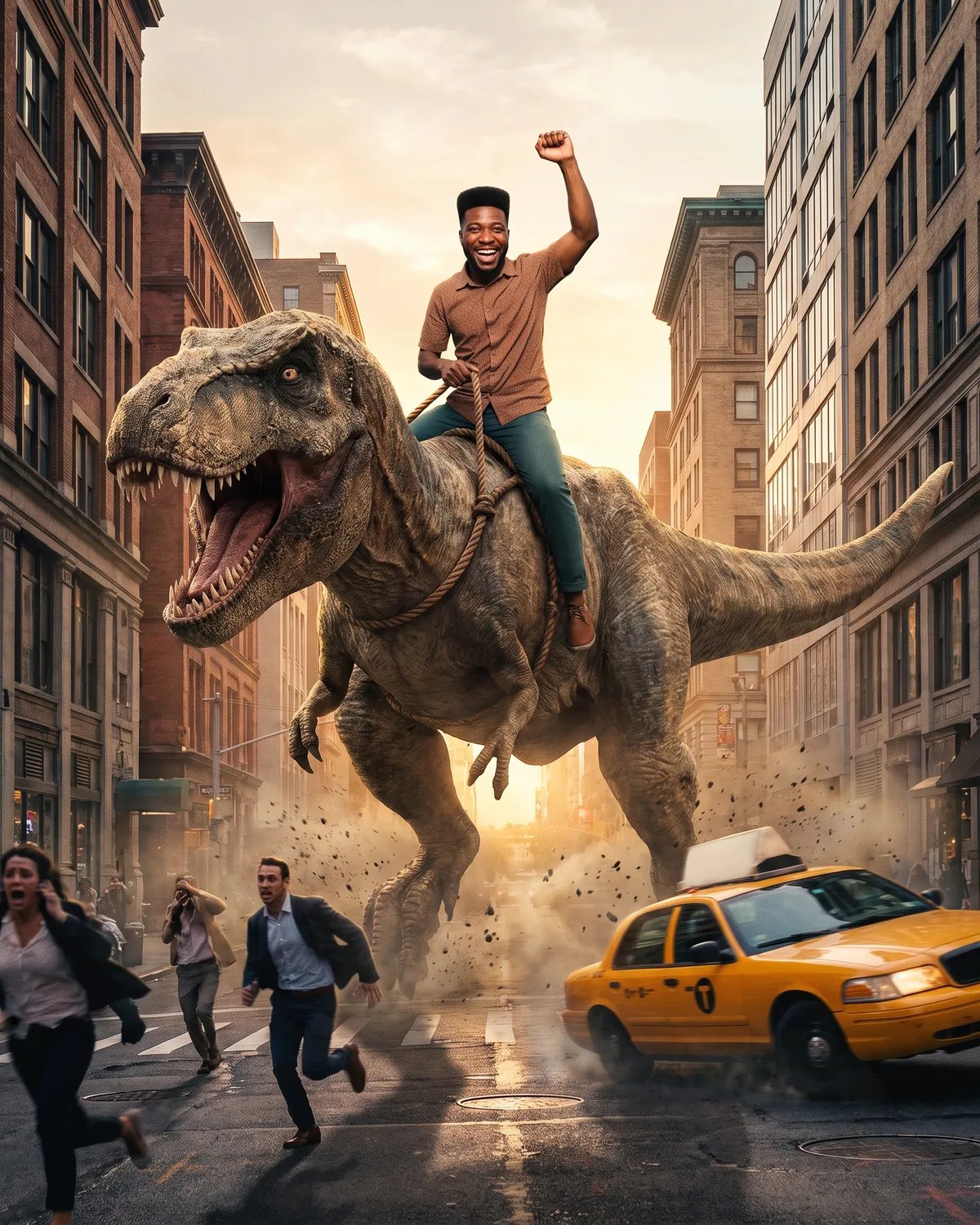 The same guest riding a T. rex down a city street at golden hour, one arm raised