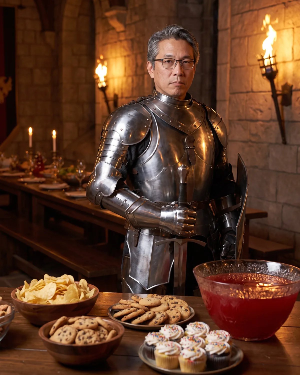 The guest in full plate armor standing guard over a table piled with party snacks