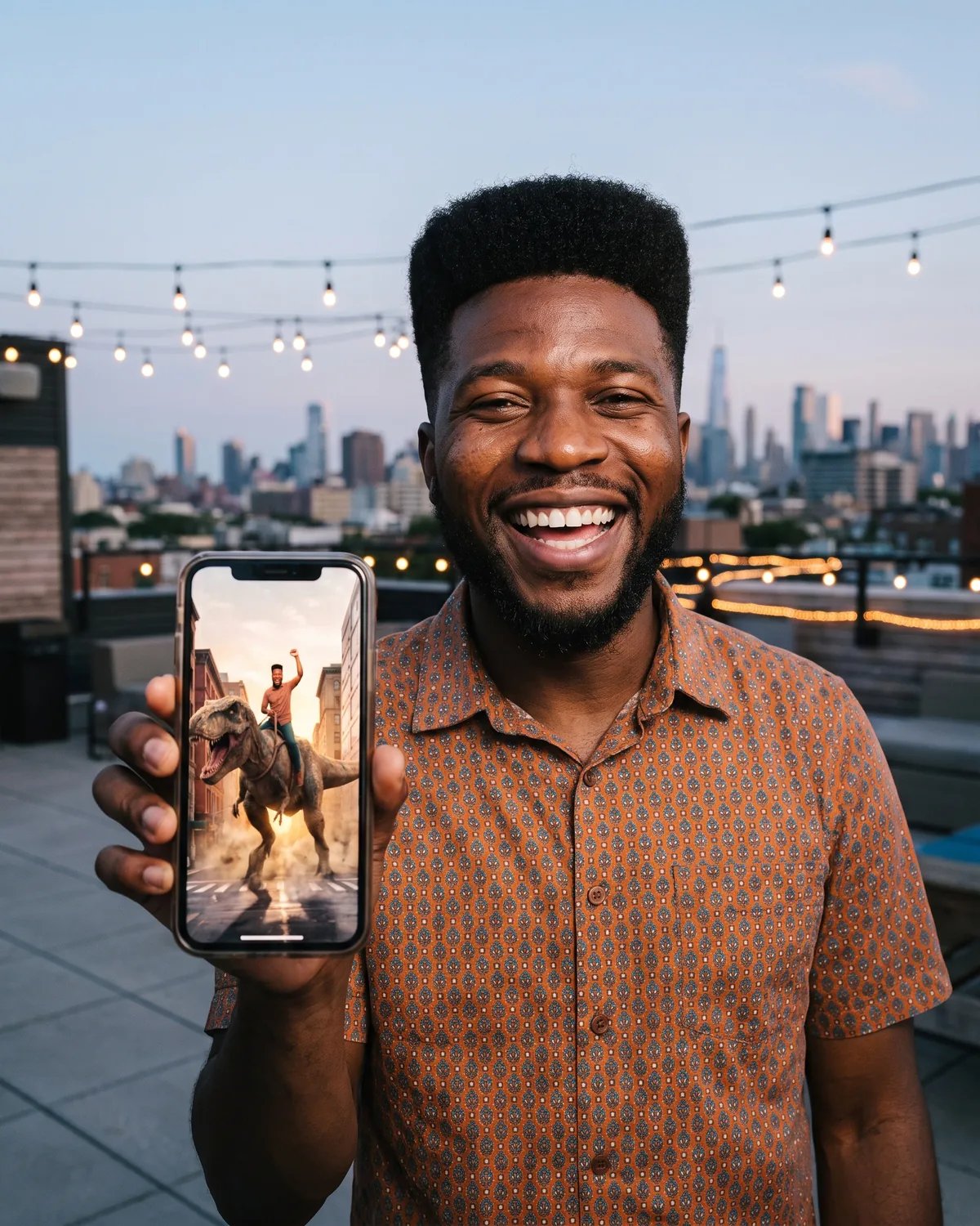 A guest on a rooftop showing his T. rex photo on his phone