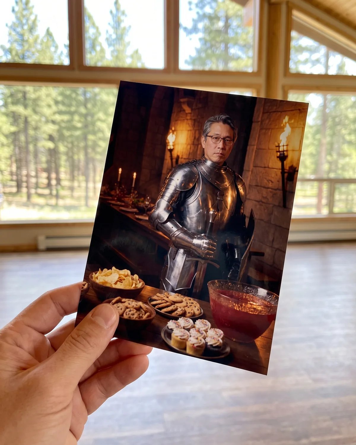 A guest holding a print of the knight guarding the snack table in an open lodge