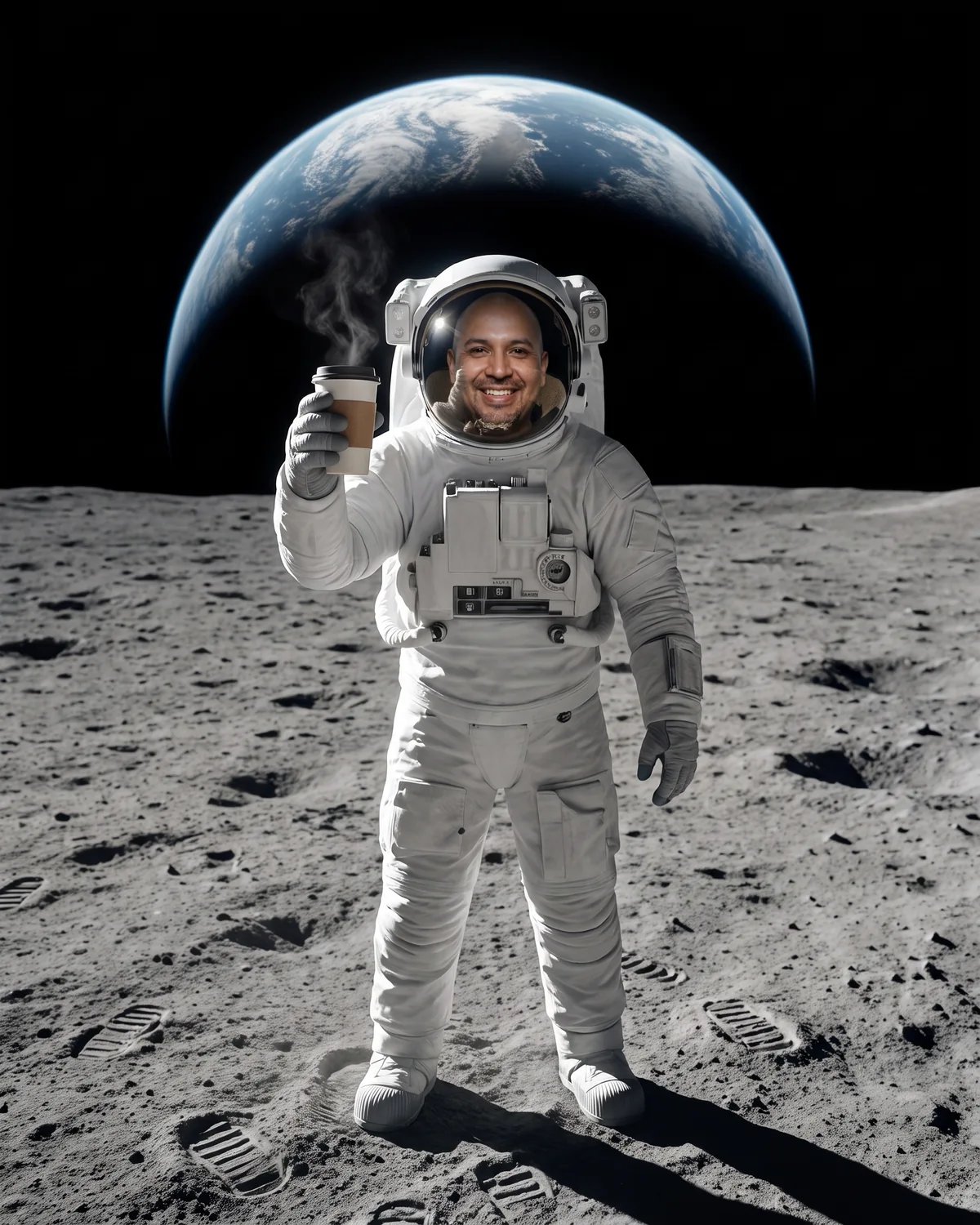 The attendee as an astronaut on the moon toasting with a steaming coffee, Earth behind him