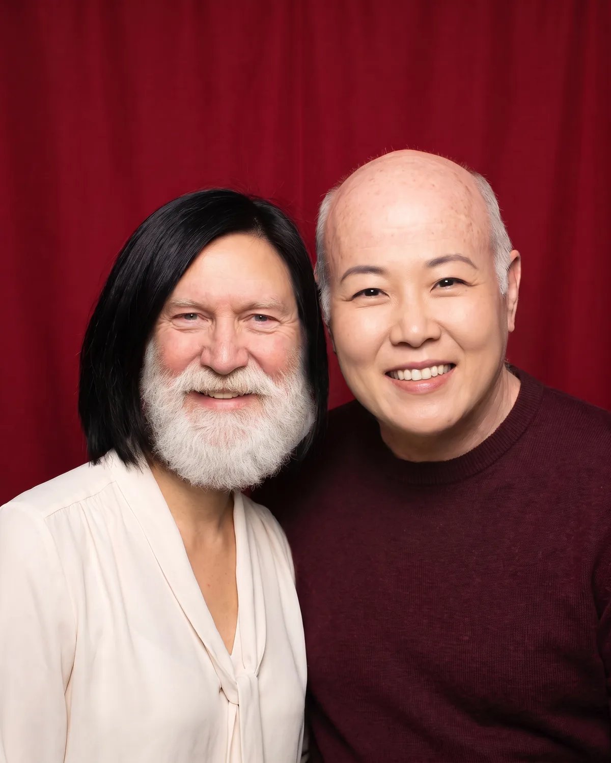 The same photo with their faces traded, his white beard under her bob and her face on his bald head
