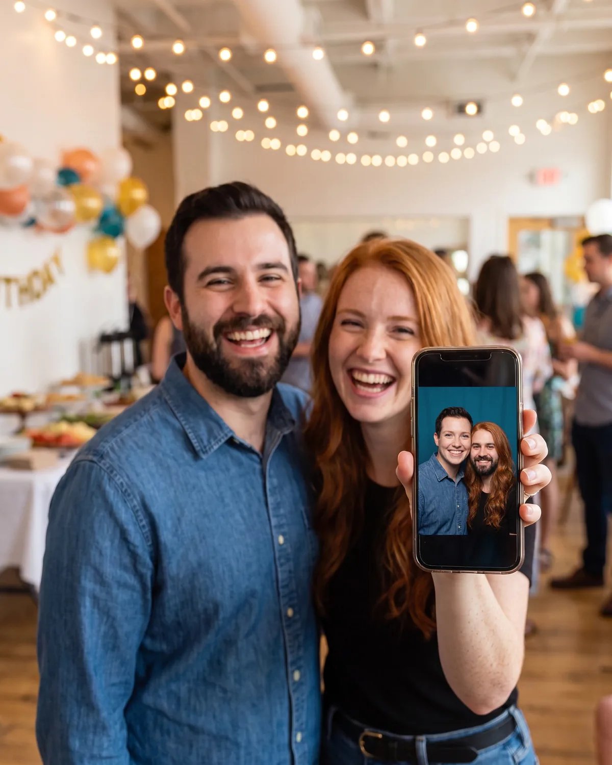 A couple laughing at their traded faces on her phone at a birthday party