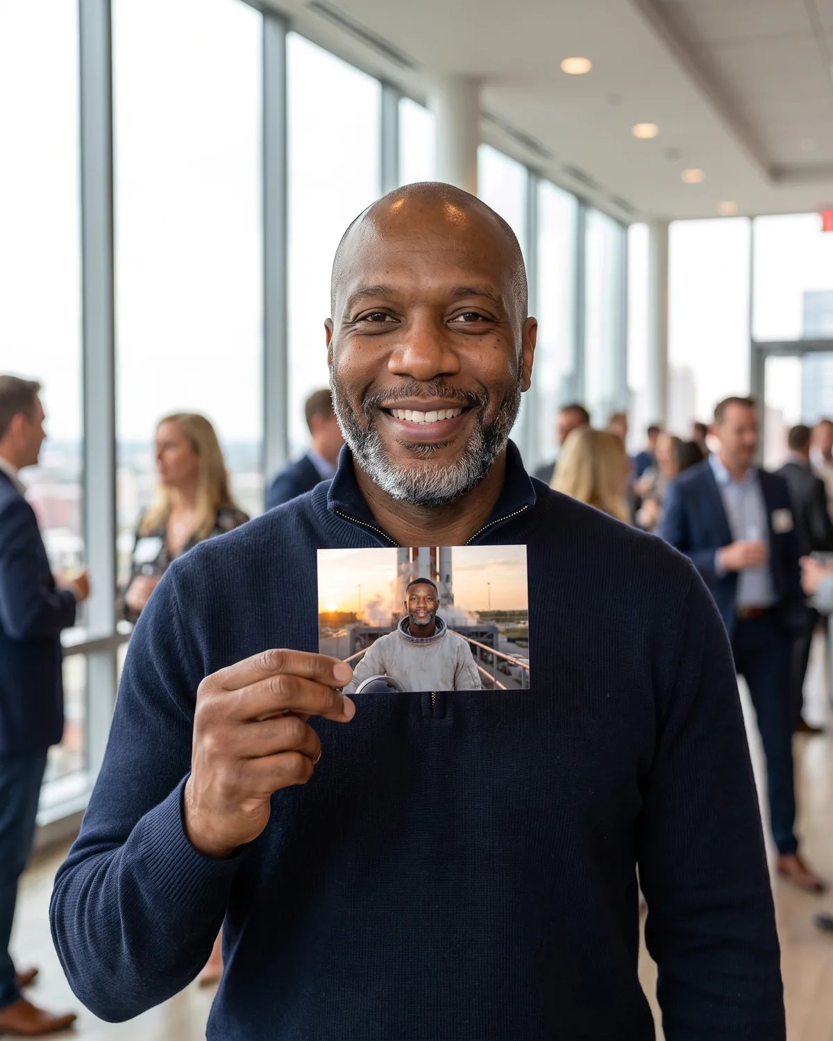 A guest at a launch party holding up a 4x6 print of himself as the astronaut