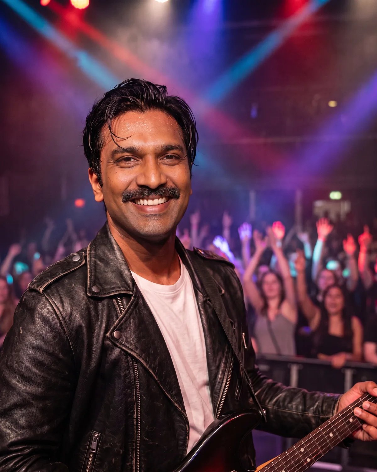 The guest's face on the rock star, with the guitar, jacket and stage unchanged