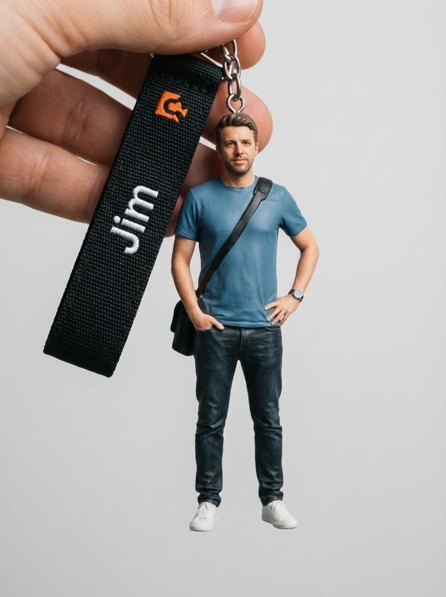 AI action figure of a guest printed on a keychain