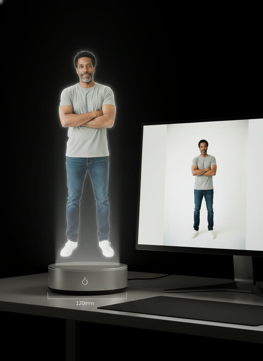 A guest's AI portrait shown on a holographic display