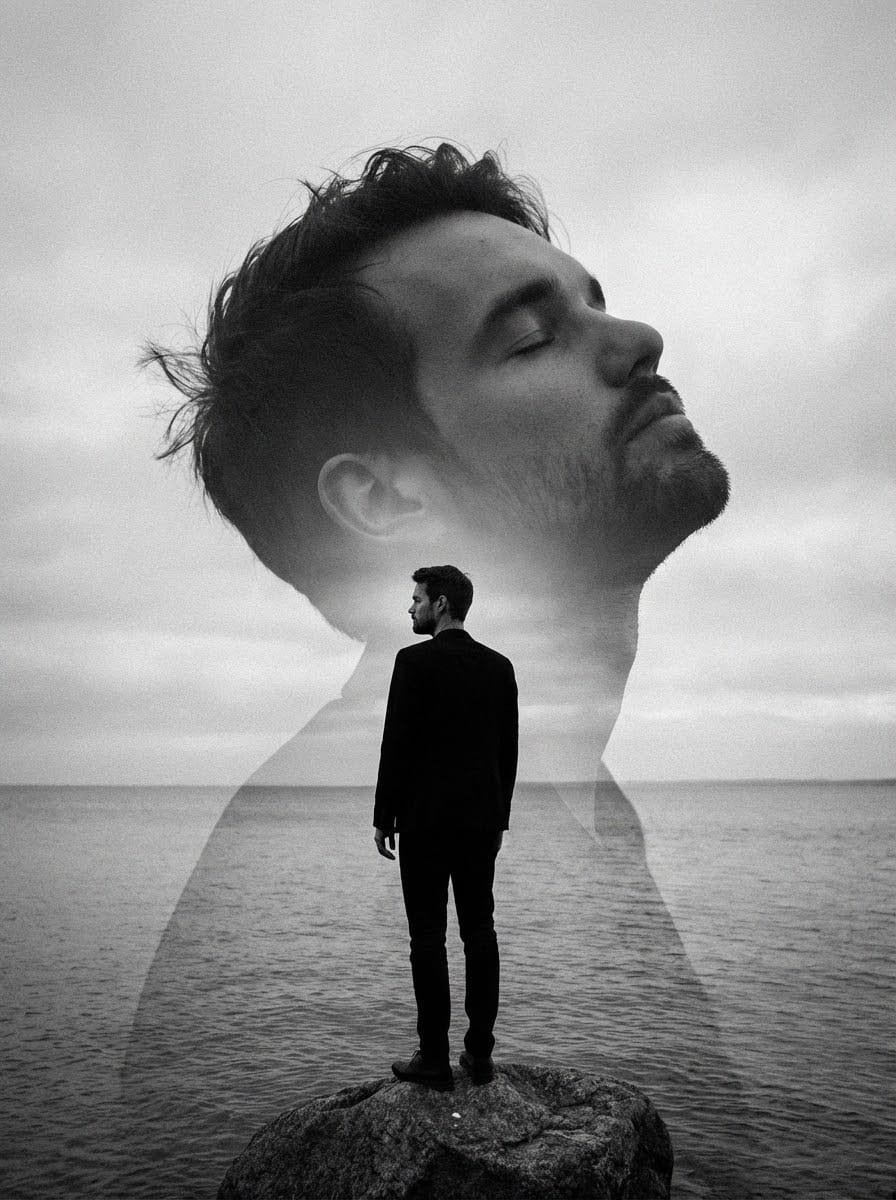 Black and white double exposure of a guest blended with an ocean cliff