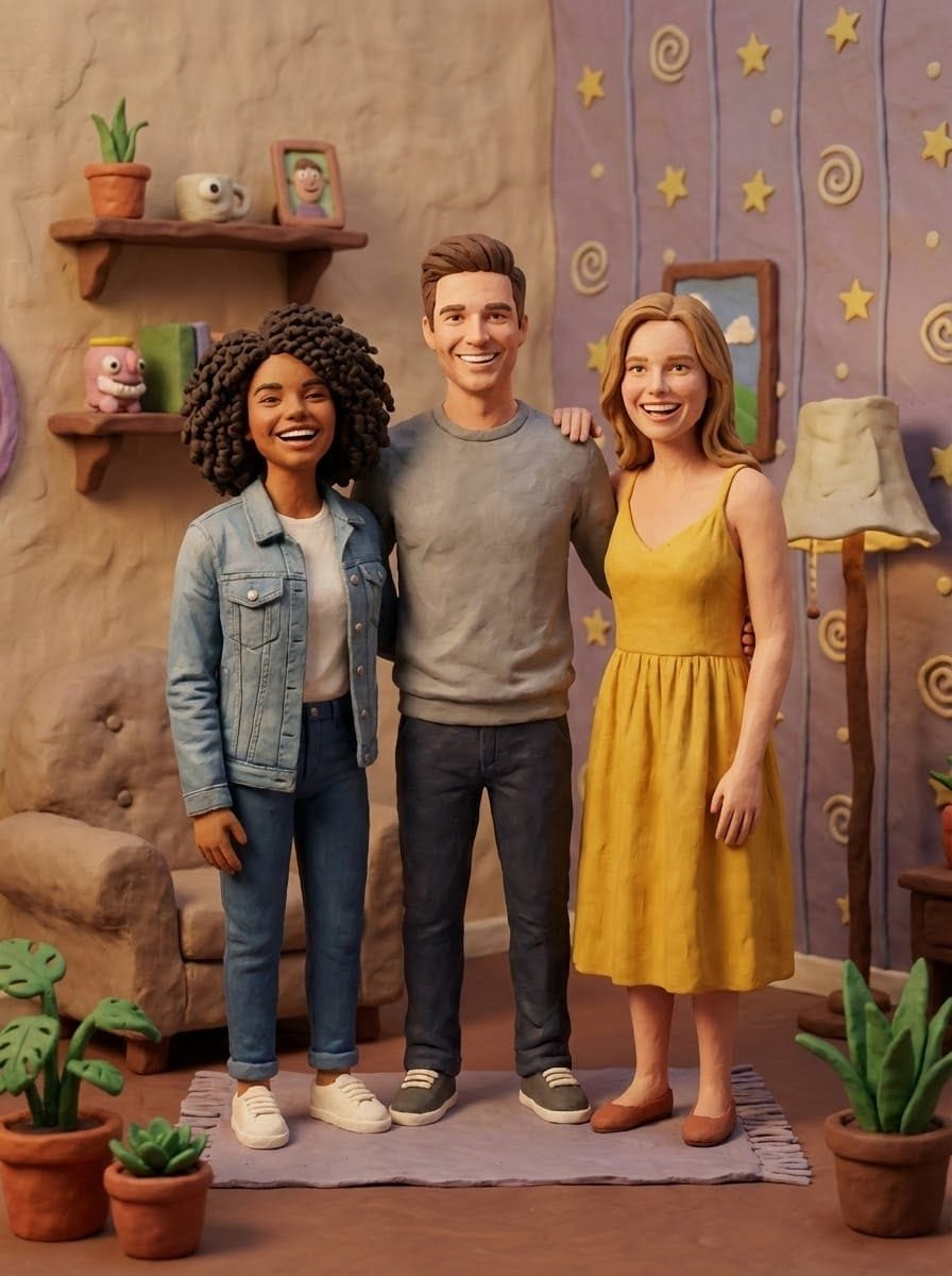 Four guests restyled as 3D cartoon characters in a cozy room