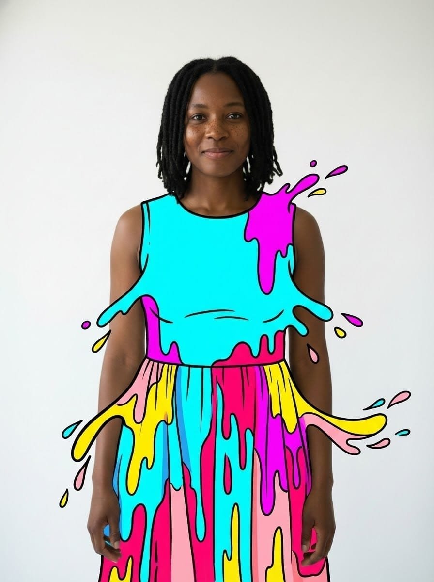 Guest wearing a dress made of bright paint splashes