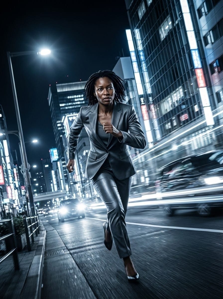 Guest restyled as an action movie lead running through a night city