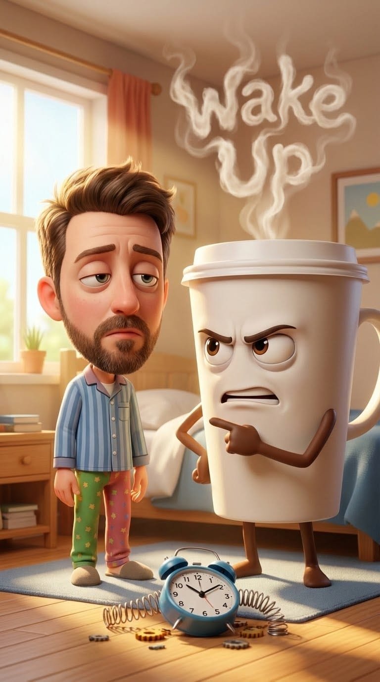 Guest drawn as a cartoon character beside a grumpy coffee cup