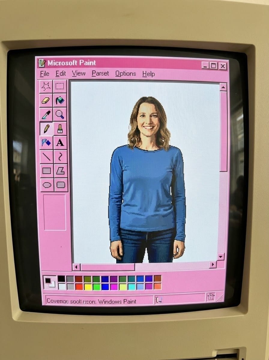 Guest's portrait redrawn in Microsoft Paint on a retro monitor