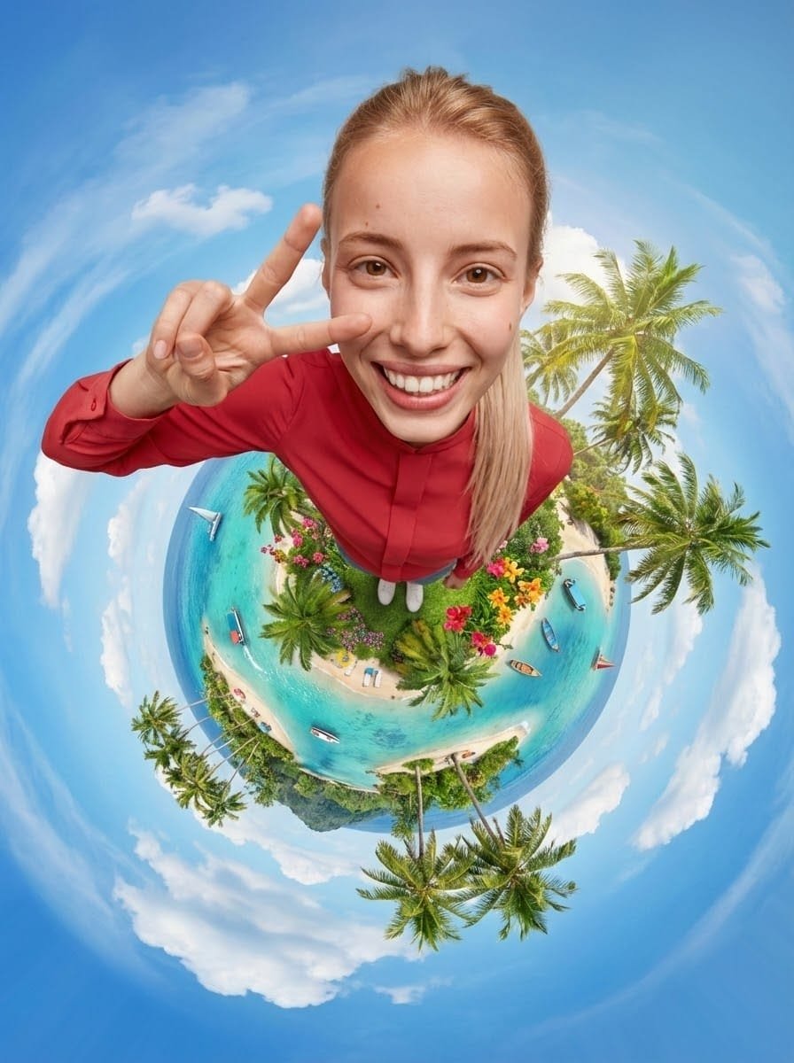 Guest at the center of a tiny planet ringed with palm trees