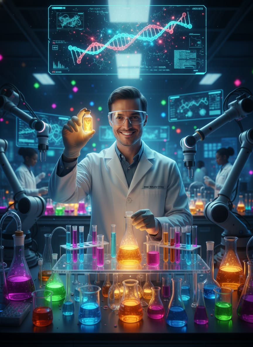 Guest restyled as a scientist in a glowing laboratory