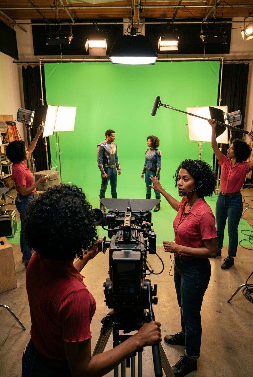 Crew filming guests in front of a green screen