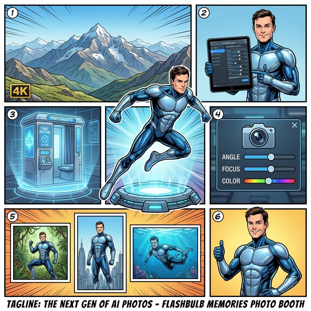 Comic strip showing how the AI photo booth works