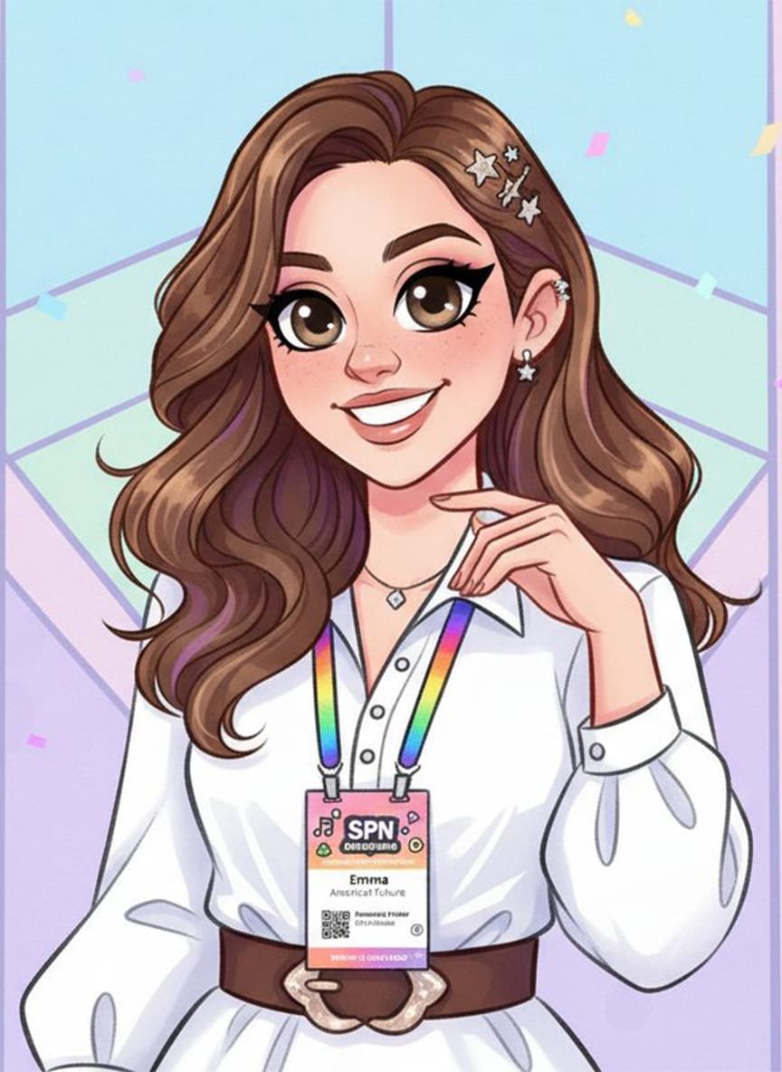 Guest drawn as a cartoon character wearing an event lanyard