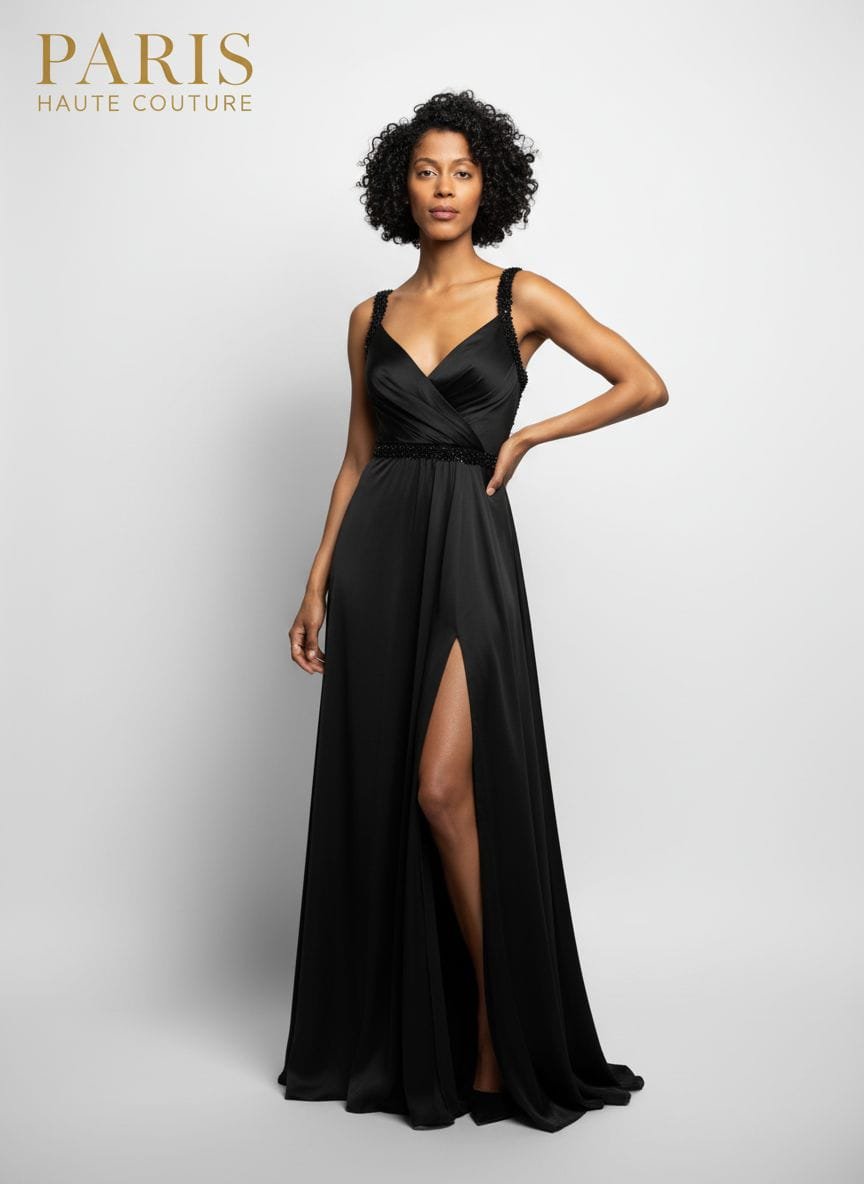 Guest restyled as a couture model in a black gown