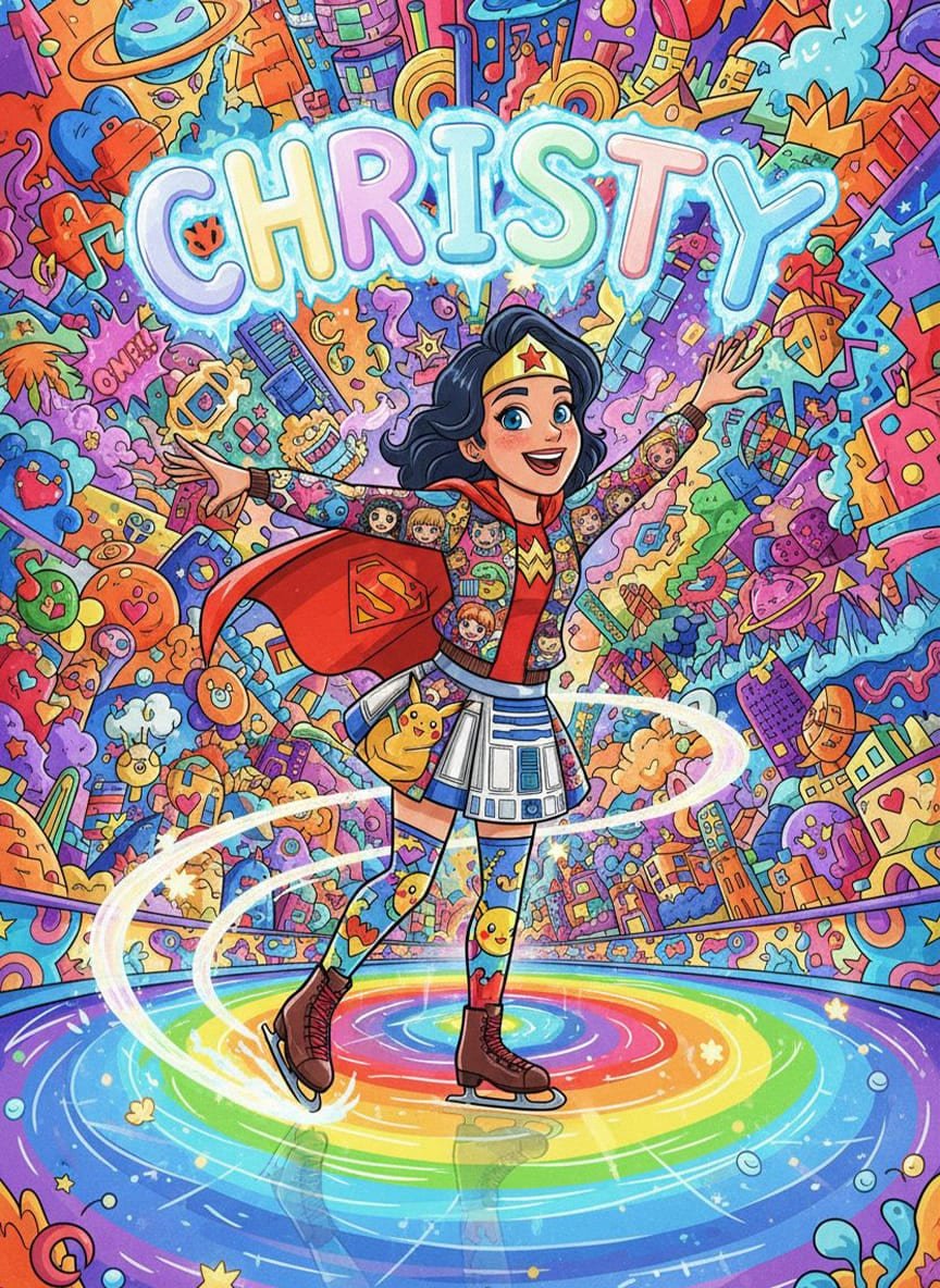 Guest drawn as a comic book superhero surrounded by rainbow doodles