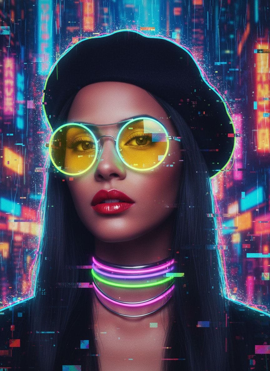 Guest restyled in neon cyberpunk style on a rainy street
