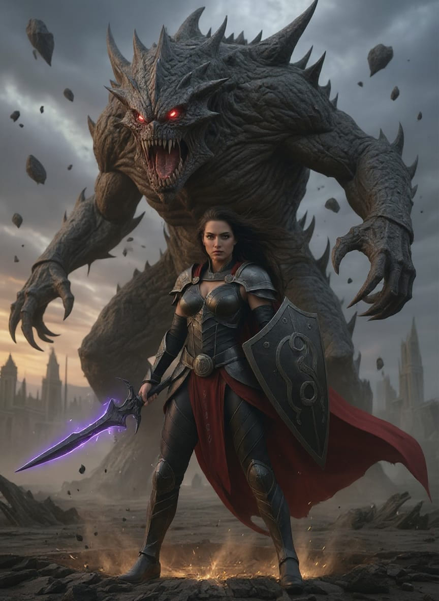 Guest as a fantasy warrior facing a giant monster