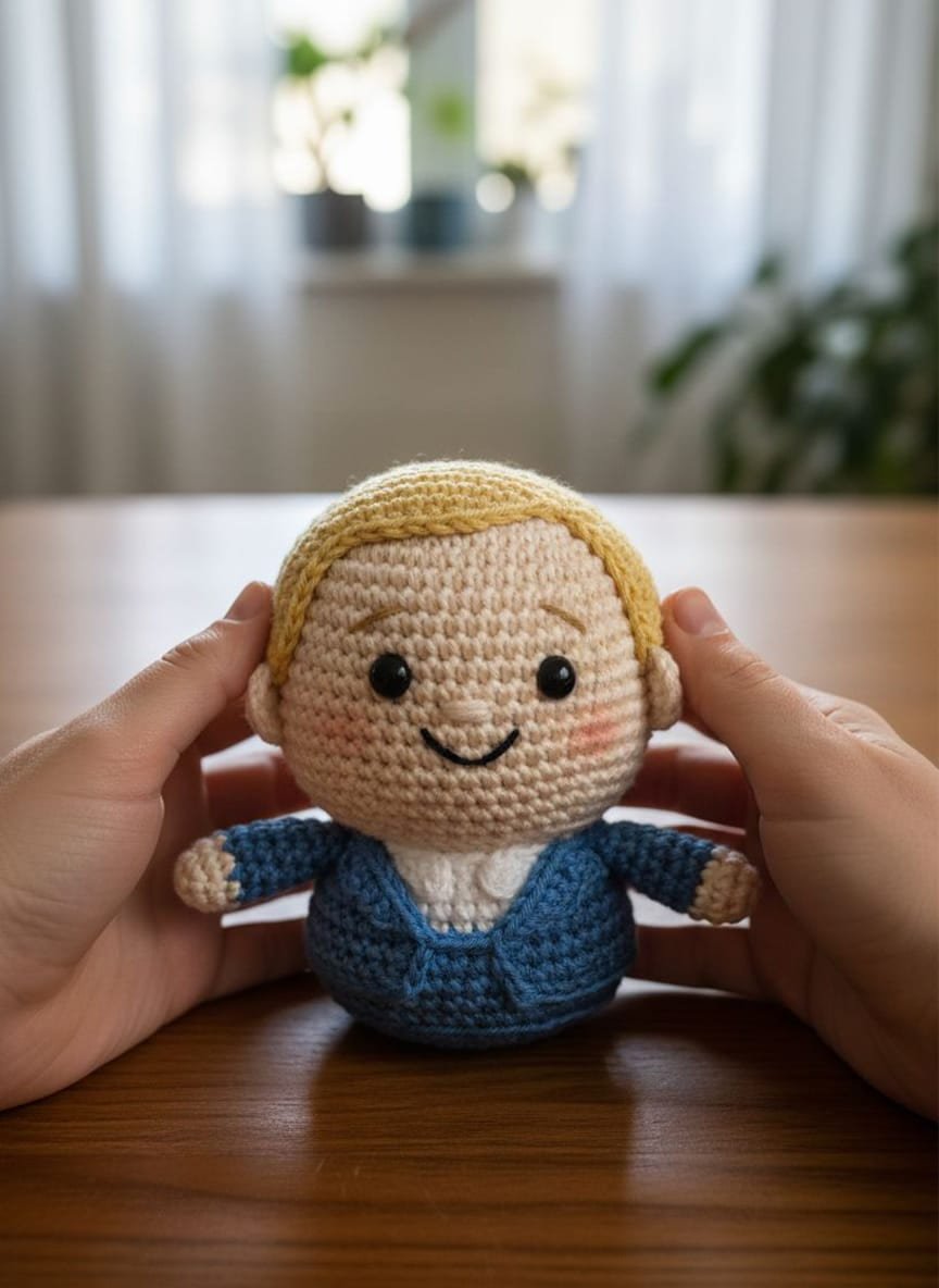 Guest turned into a crocheted doll held in two hands