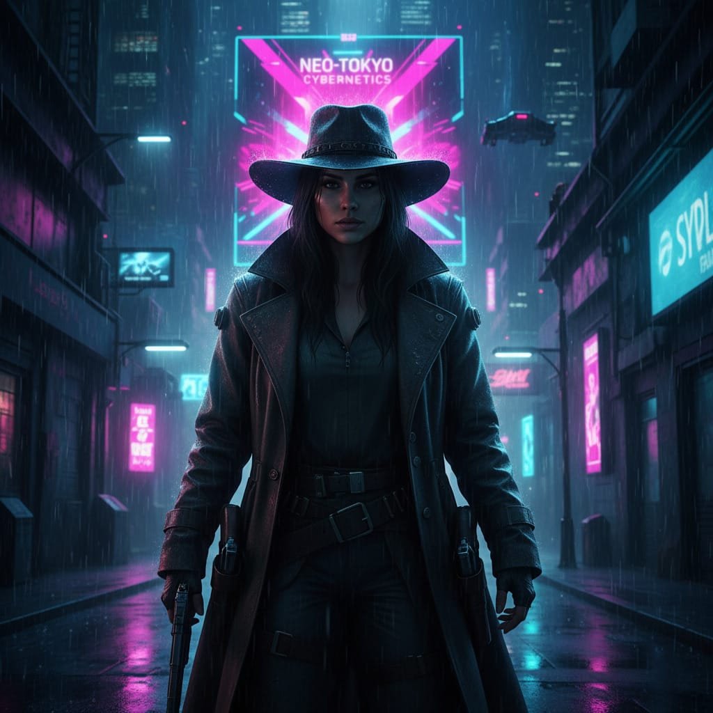 Guest as a detective on a neon lit street at night