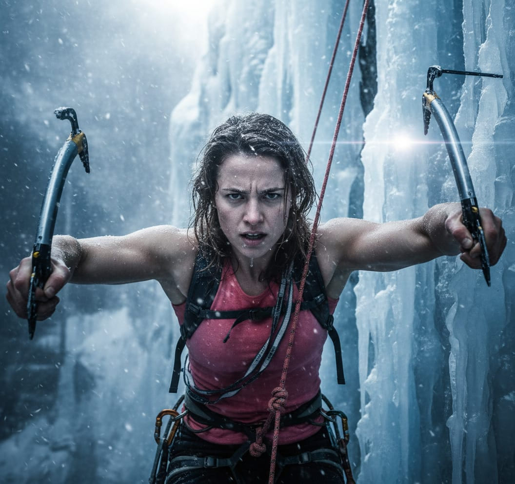 Guest as an ice climber on a frozen wall