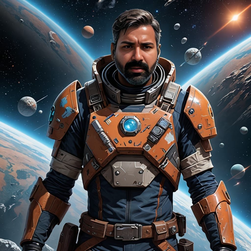 Guest in an astronaut suit with planets behind them