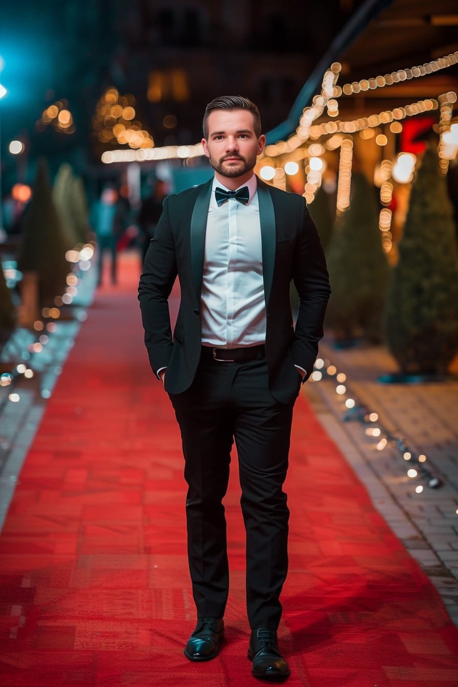 Guest walking a red carpet in a tuxedo
