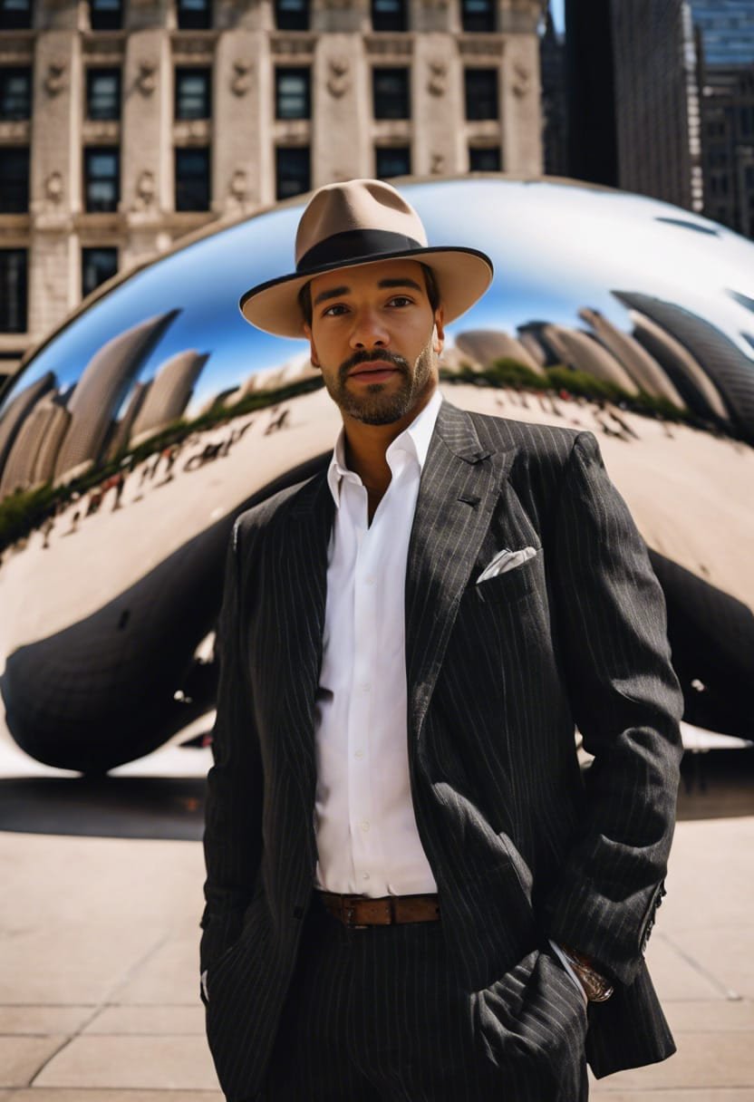 Guest in a suit in front of the Chicago Bean