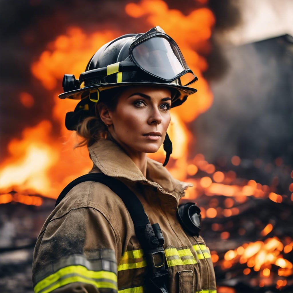 Guest as a firefighter in front of flames