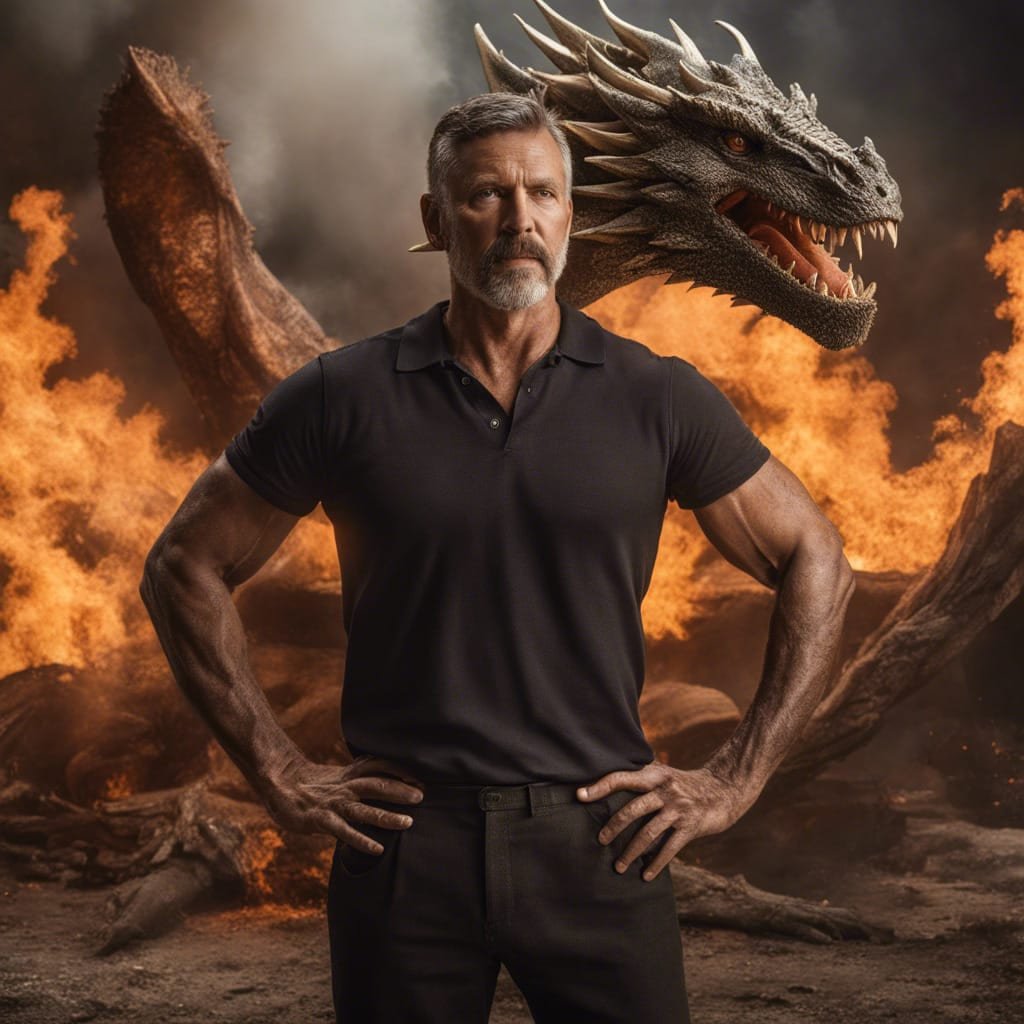 Guest standing in front of a dragon and fire