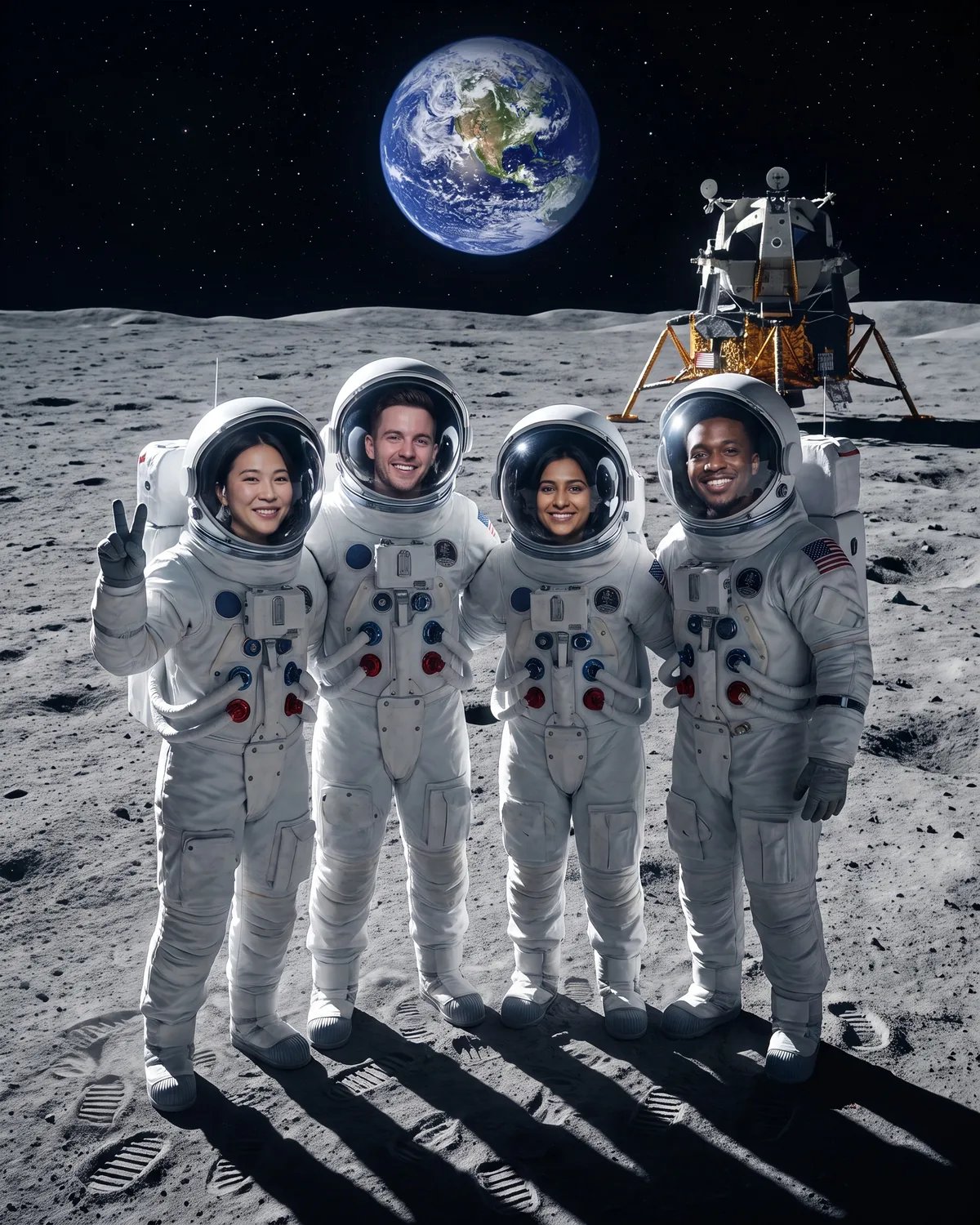 The four friends as astronauts on the moon with the Earth rising behind them