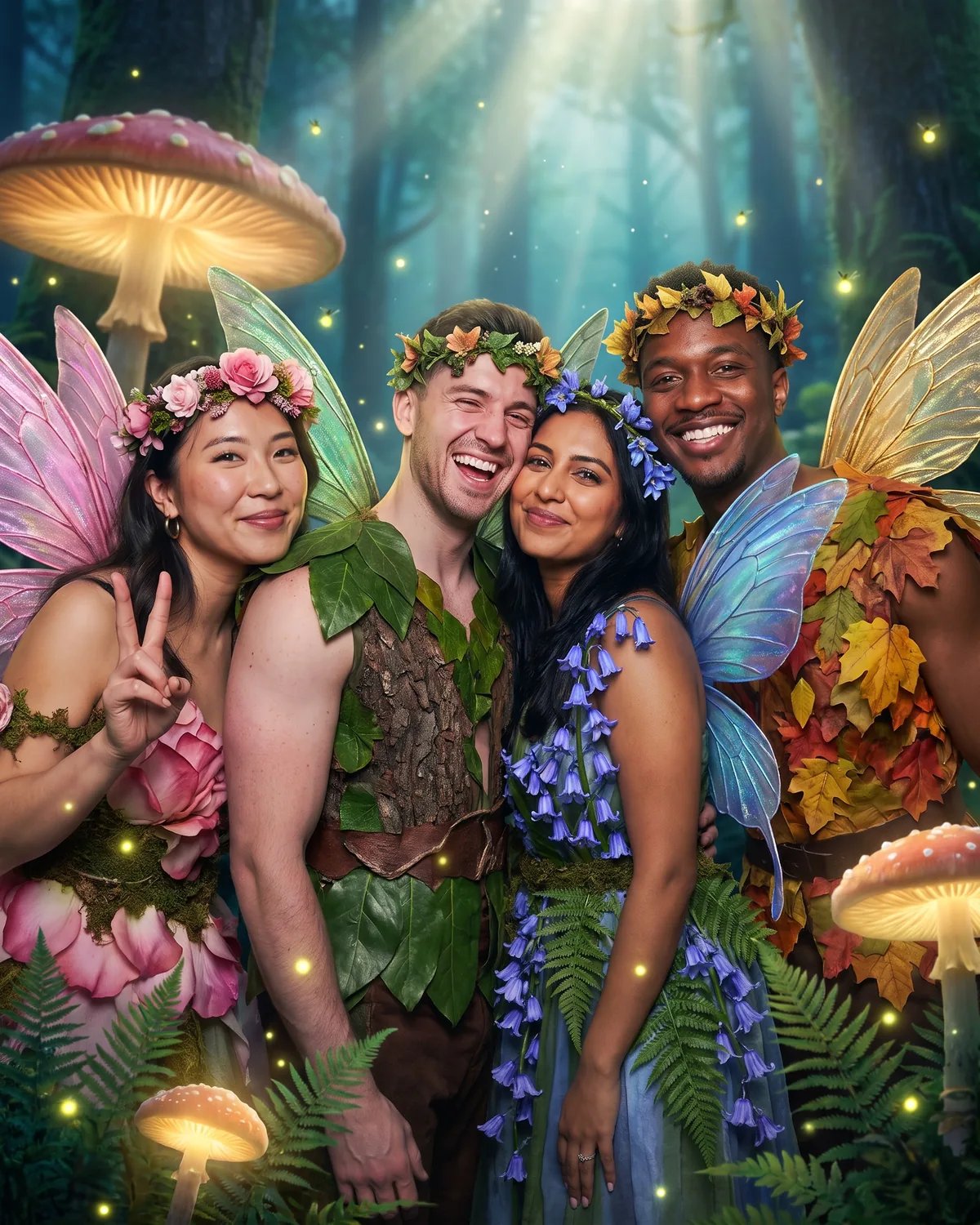 The four friends as fairies with glowing wings in an enchanted forest