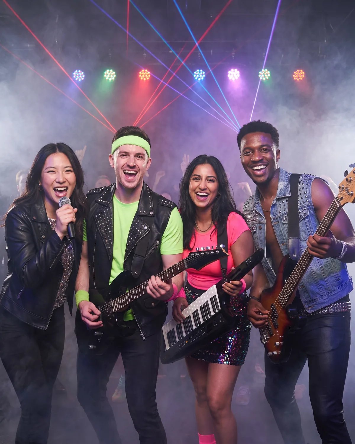 The four friends as a 1980s rock band on a smoky stage with lasers