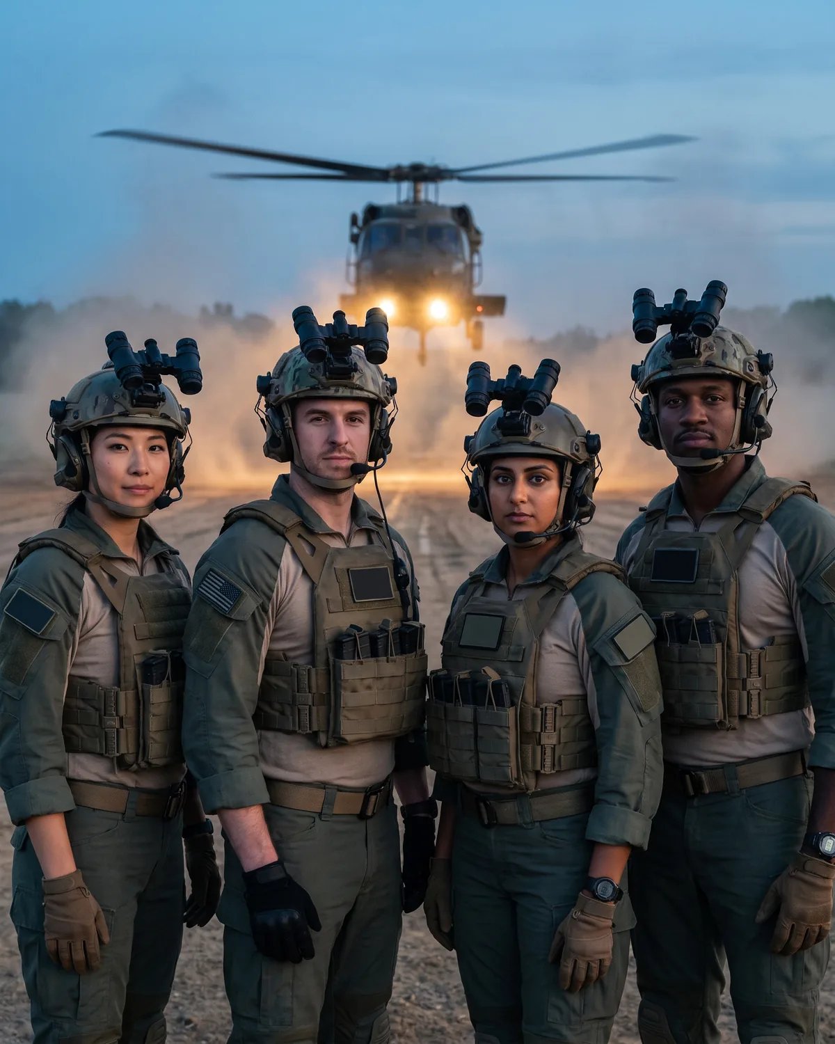 The four friends as a special operations team in front of a helicopter at dusk