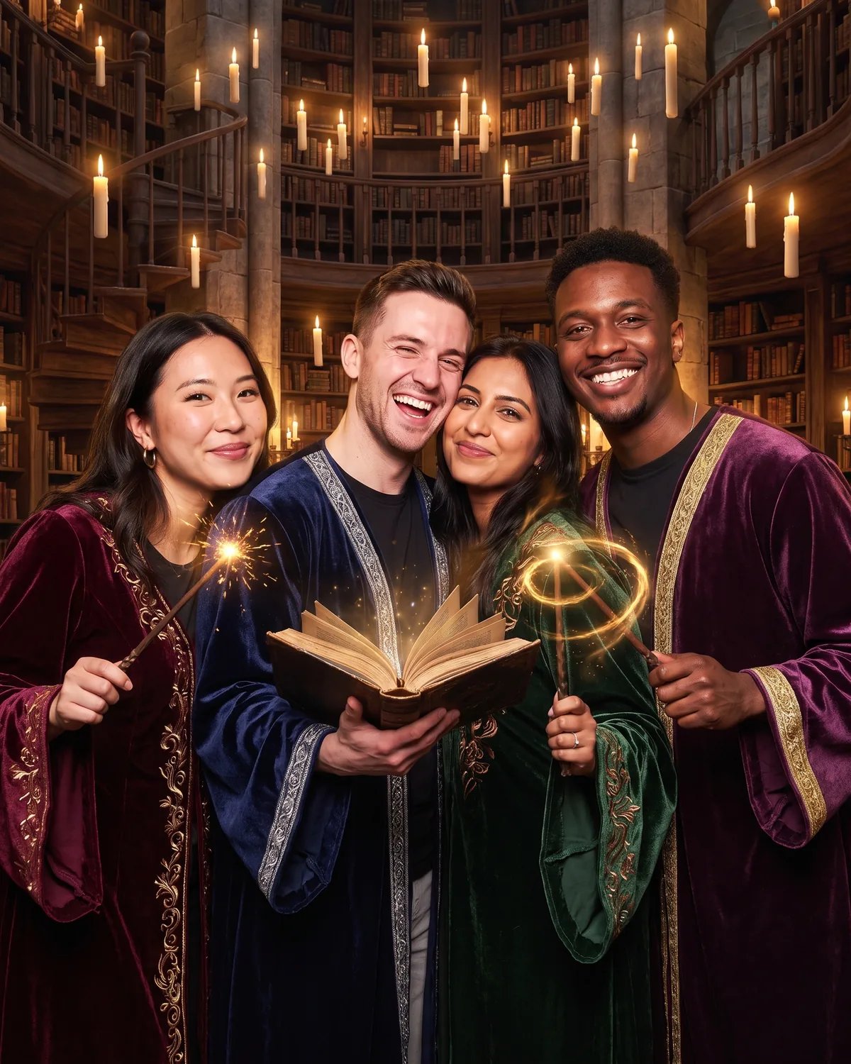 The four friends as wizards in velvet robes in a candlelit library