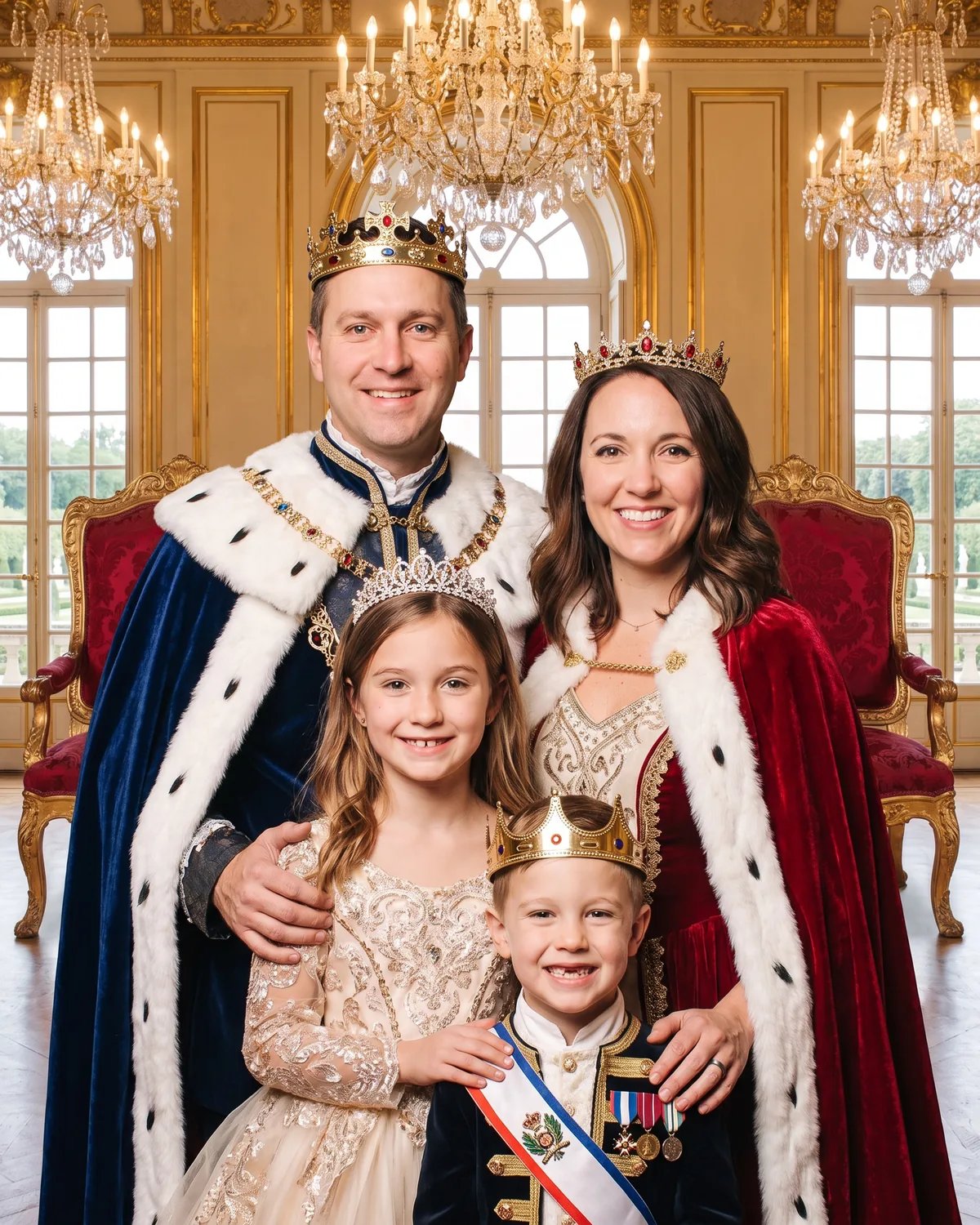 The same family as royals in crowns and ermine capes in a palace throne room